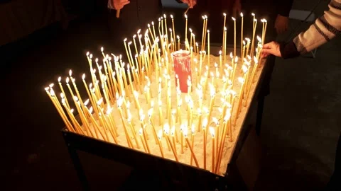 Easter Celebration: Glowing Candle Tray in Orthodox Church Stock Footage 238895966