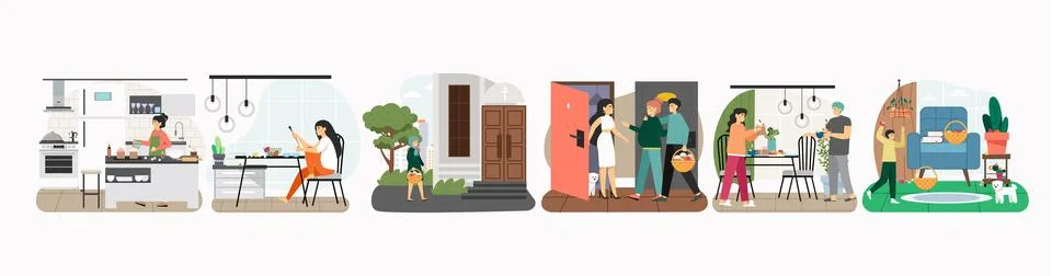 Easter celebration scene set, flat vector illustration. Happy people baking Stock Illustration