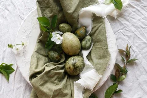 Easter celebration. Stylish easter green eggs, flowers and cherry blossoms .. Stock Photos