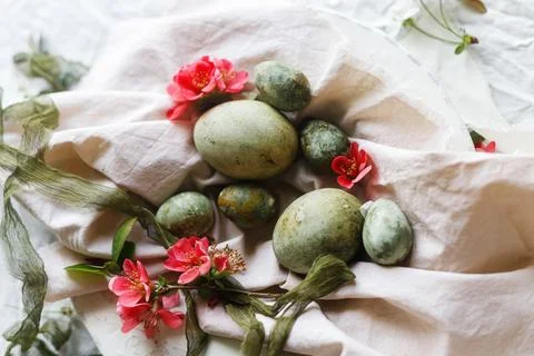 Easter celebration. Stylish easter green eggs, flowers and cherry blossoms .. 库存照片