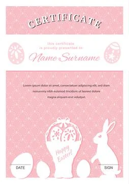 Easter certificate. Bunny and Easter eggs on pink background. Easter blank Stock Illustration
