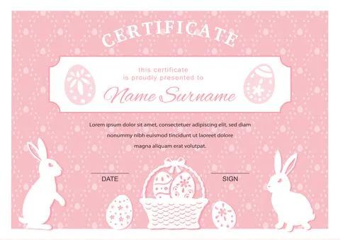 Easter certificate. Bunny and Easter eggs on pink background. Easter blank Stock Illustration