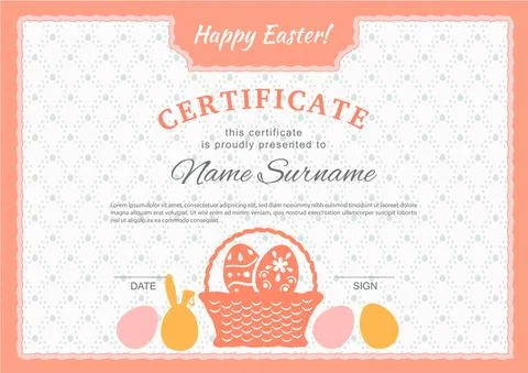 Easter certificate. Bunny behind Easter egg on white background. Easter blank Stock Illustration