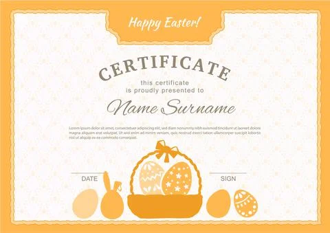 Easter certificate. Bunny behind Easter egg on white background. Easter blank Stock Illustration