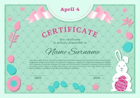 Easter certificate. Bunny holding Easter egg on green background. Easter blank 스톡 일러스트