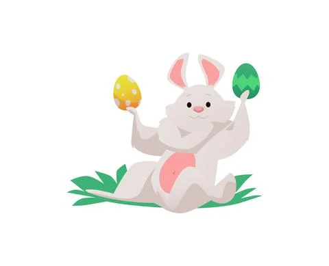 Easter cheerful rabbit holding colored eggs, flat vector illustration isolated. Stockillustratie