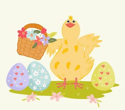 Easter chick with colored eggs, flat cartoon vector illustration isolated. Stock Illustration