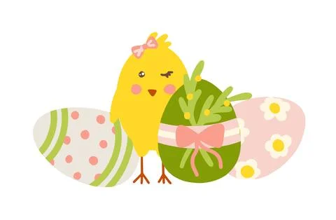 Easter chick with decorated eggs cute spring holiday illustration Stock Illustration