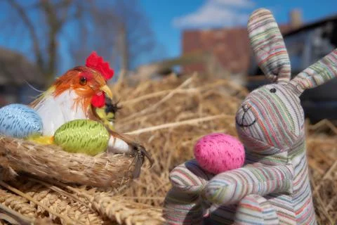 Easter chick decoration, colorful easter eggs, rabbit Stock Photos