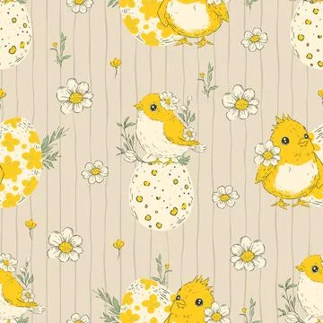 Easter Chick Egg Floral Seamless Pattern Vector Stock Illustration