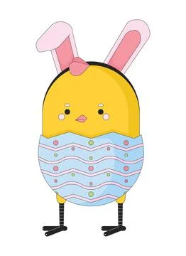 Easter chick egg wearing bunny ears 2D linear illustration concept Stock Illustration