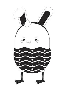 Easter chick egg wearing bunny ears black and white 2D illustration concept Stock Illustration