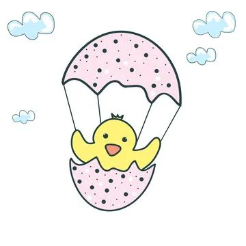 The Easter chick is flying in a ballon made of eggshell Stock Illustration