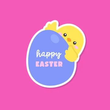Easter Chick Hugging Blue Egg with Happy Easter Text Stock Illustration