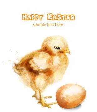 Easter chick Vector watercolor card. Happy Easter greetings with chicken and  Illustrazione stock