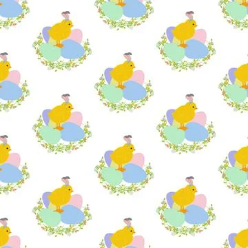 Easter chick wearing rabbit ears cute animal vector illustration seamless pat Stockillustratie