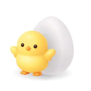 Easter chick with white egg. 3D realistic spring holiday illustration isolated Stock Illustration