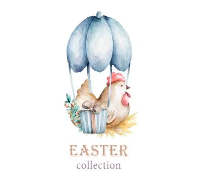 Easter chicken with easter eggs. Cute hand drawn illustration on white isolat Stock Illustration