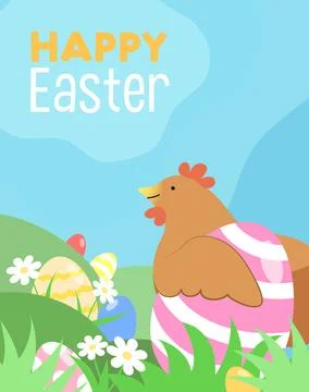 Easter chicken with easter eggs in grass background Stock Illustration