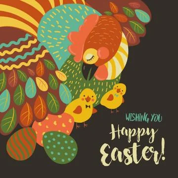 Easter chicken with easter eggs Stock Illustration