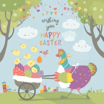 Easter chicken with easter eggs Stock Illustration