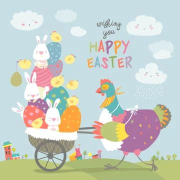 Easter chicken with easter eggs Stock Illustration