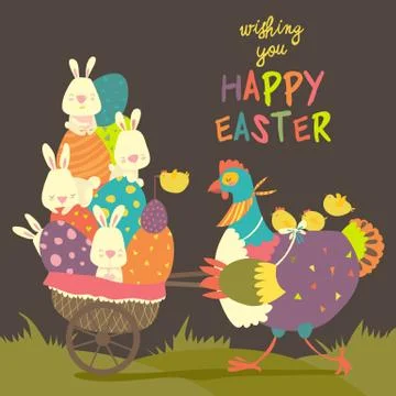 Easter chicken with easter eggs Stock Illustration