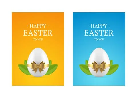 Easter chicken egg golden bow ribbon present 3d greeting card set design temp Stock Illustration