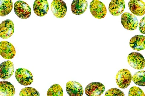 Easter chicken eggs on a white background. Place for text. Stock Photos