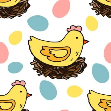 Easter chicken in nest, seamless pattern, kitchen design, farm style. Stock Illustration