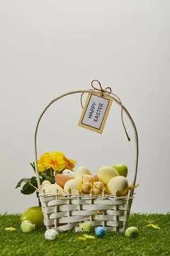 Easter chicken quail eggs straw Stock Photos