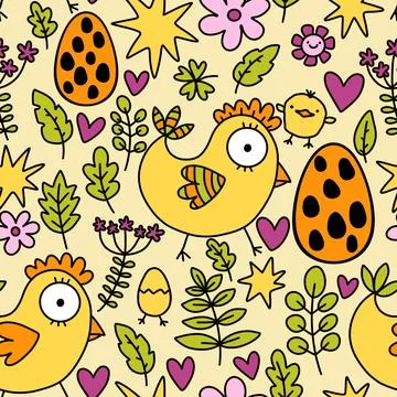 Easter chicken seamless birds pattern for wrapping paper and fabrics Stock Illustration