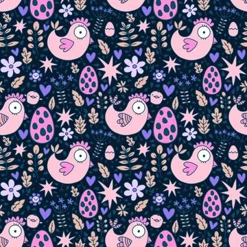 Easter chicken seamless birds pattern for wrapping paper and fabrics 库存插图
