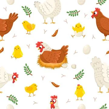 Easter chicken seamless pattern. Funny laying hens with baby chicks and eggs Illustrazione stock