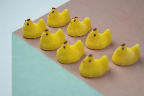 Easter chicken shaped candy on flat colored background .Easter holiday candy  Stock Photos