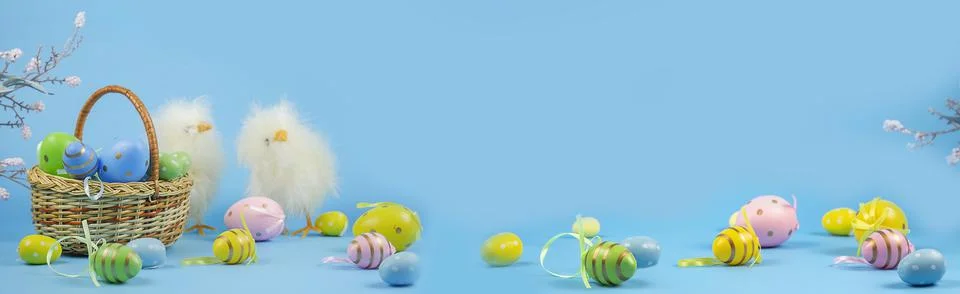 Easter chickens. Easter background. Happy Easter card. Multicolored eggs. Eas Stock Photos
