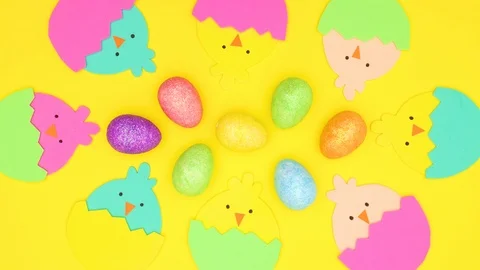 Easter chickens moving around Eggs - Stop motion Stock Footage 124356325