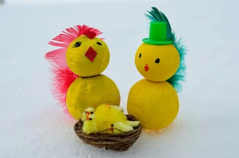 Easter chickens on snow Stock Photos