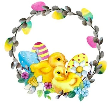 Easter chickens in a wreath of willow branches and eggs Stock Illustration