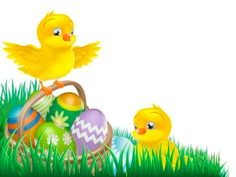 Easter chicks and egg basket Stock Illustration