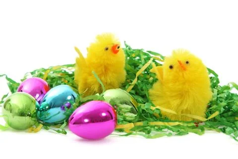 Easter chicks and eggs Stock Photos