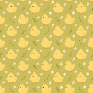 Easter chicks and spring flowers seamless pattern Stock Illustration