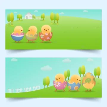 Easter chicks in cracked eggs on slope banners Illustrazione stock