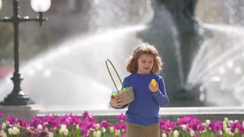 Easter child in blossom spring park. Kid hunting Easter eggs near tulips. Kid Stock Footage 317360499