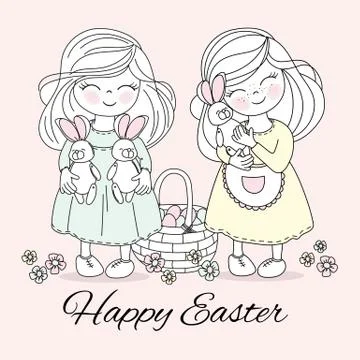 EASTER CHILDREN Religious Holiday Vector Illustration Set Stock Illustration