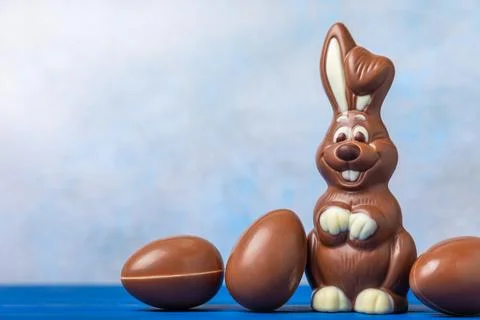 Easter chocolate bunny on a light texture table Stock Photos