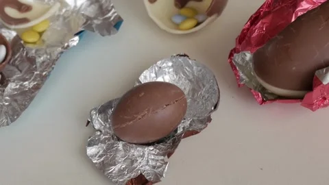 Easter Chocolate Eggs Unwrapped to Reveal Colorful Holiday Treats Stock Footage 333111196