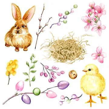 Easter clip art set with eggs, chick and bunny Stock Illustration