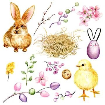 Easter clip art set with eggs, chick and bunny. Stock Illustration