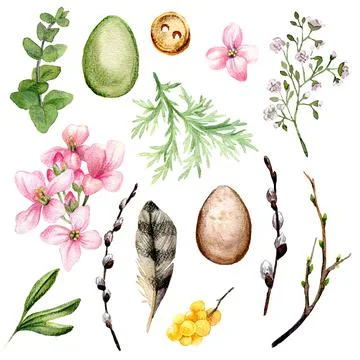 Easter clip art set, spring elements, eggs, willow branches Illustrazione stock